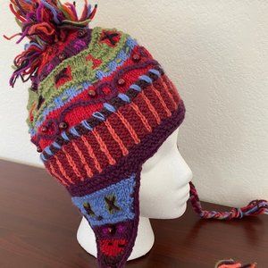 Newari - Wool Hand Knit Devi Earflap Hat - Red - New
